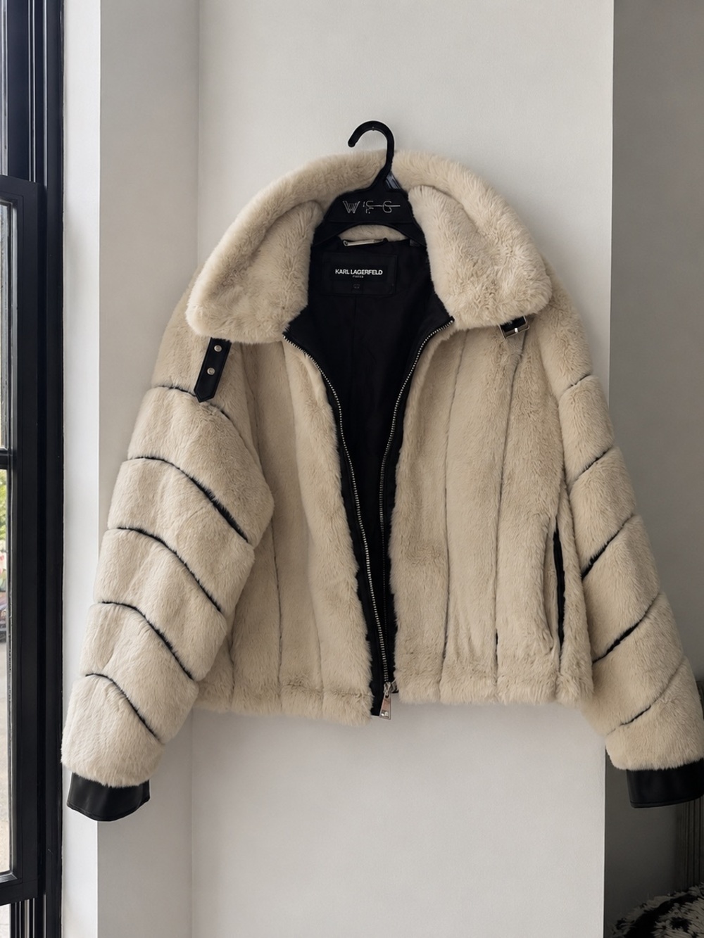 Karl Lagerfeld Cream Faux Fur Bomber Jacket